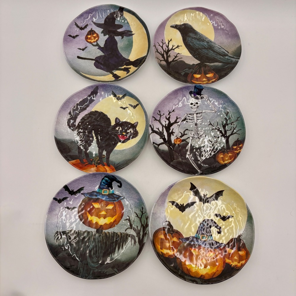 Halloween Glow in the Dark Melamine Appetizer Plates Set of 6 Witch Cat Skeleton